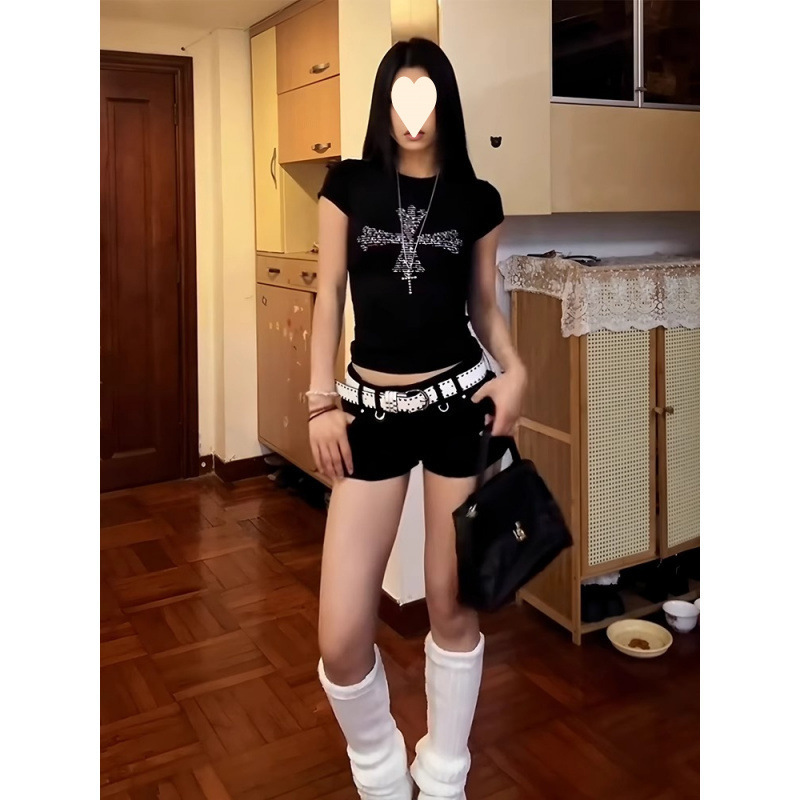[210g 40-Count Fine Cotton 1*1] American Retro Cross-Letter Black Short-Sleeved T-Shirt Summer Hot Girl Top