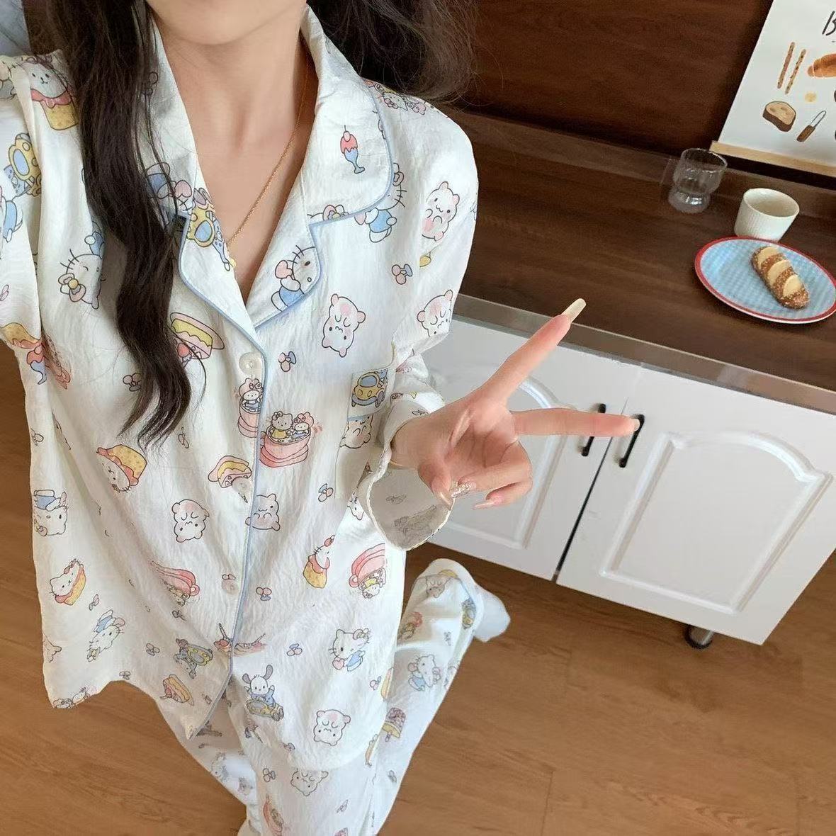 Pijamas de otoño al por mayor transfronterizos mujeres nuevas nubes de algodón de manga larga con solapa pequeña manga larga pantalones largos casuales set de ropa casera