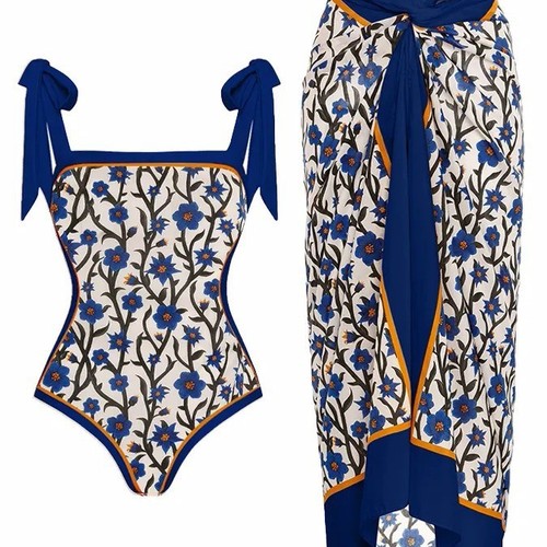 Conservative, high-waisted, wrap-style two-piece swimsuit with European and American print