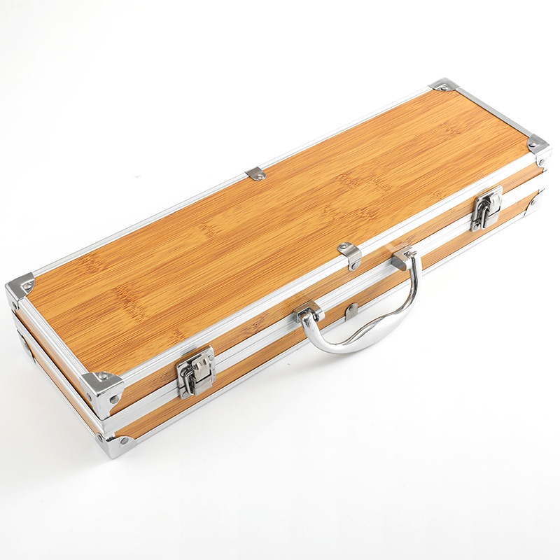 Conjunto de barbacoa de acero inoxidable patrón de bambú caja de aluminio conjunto de barbacoa conjunto de herramientas de barbacoa al aire libre de 3 piezas tenedor pala clip de combinación