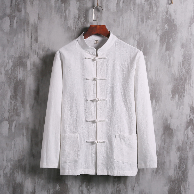 Chinese Style Men's New Chinese Tang Suit Long-Sleeved Shirt Modified Hanfu Autumn Top Retro Casual Jacket with Chinese Fold Buttons