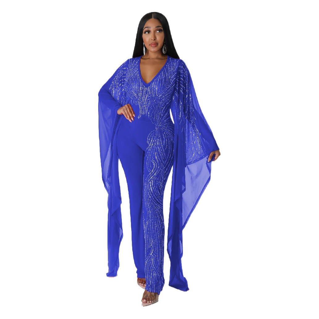 9276 europeo y americano Amazon moda cuello en V Batwing manga perspectiva rhinestone sexy nightclub party jumpsuit sin forro