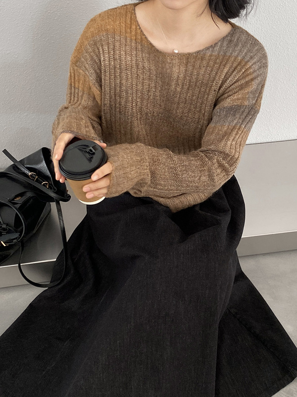 江左 彩虹渐变针织衫美式街头变色喇叭长袖甜酷宽松慵懒毛衣 0679|undefined