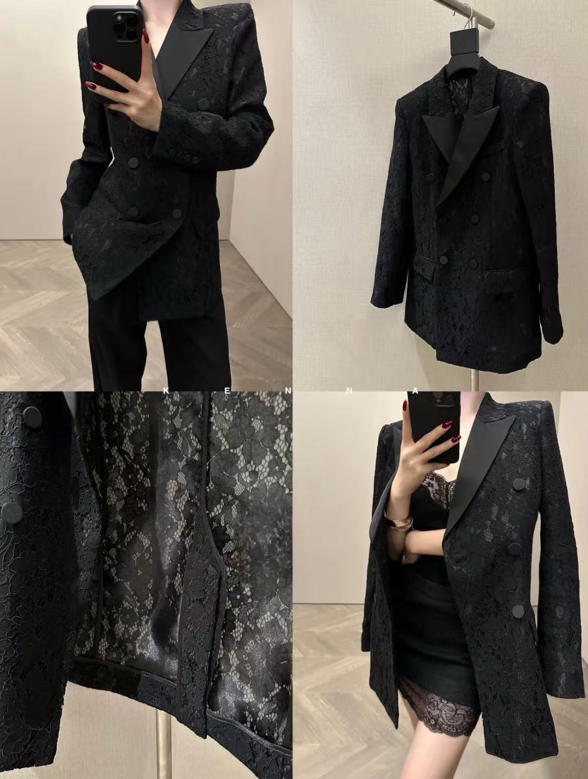 Chaqueta Blazer de Encaje Poliéster y Elastano Cinturón Incluido Bordado