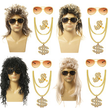 亚马逊欧美男士黑色假发混色乌鱼中长发万圣节朋克假发重金属嘻哈