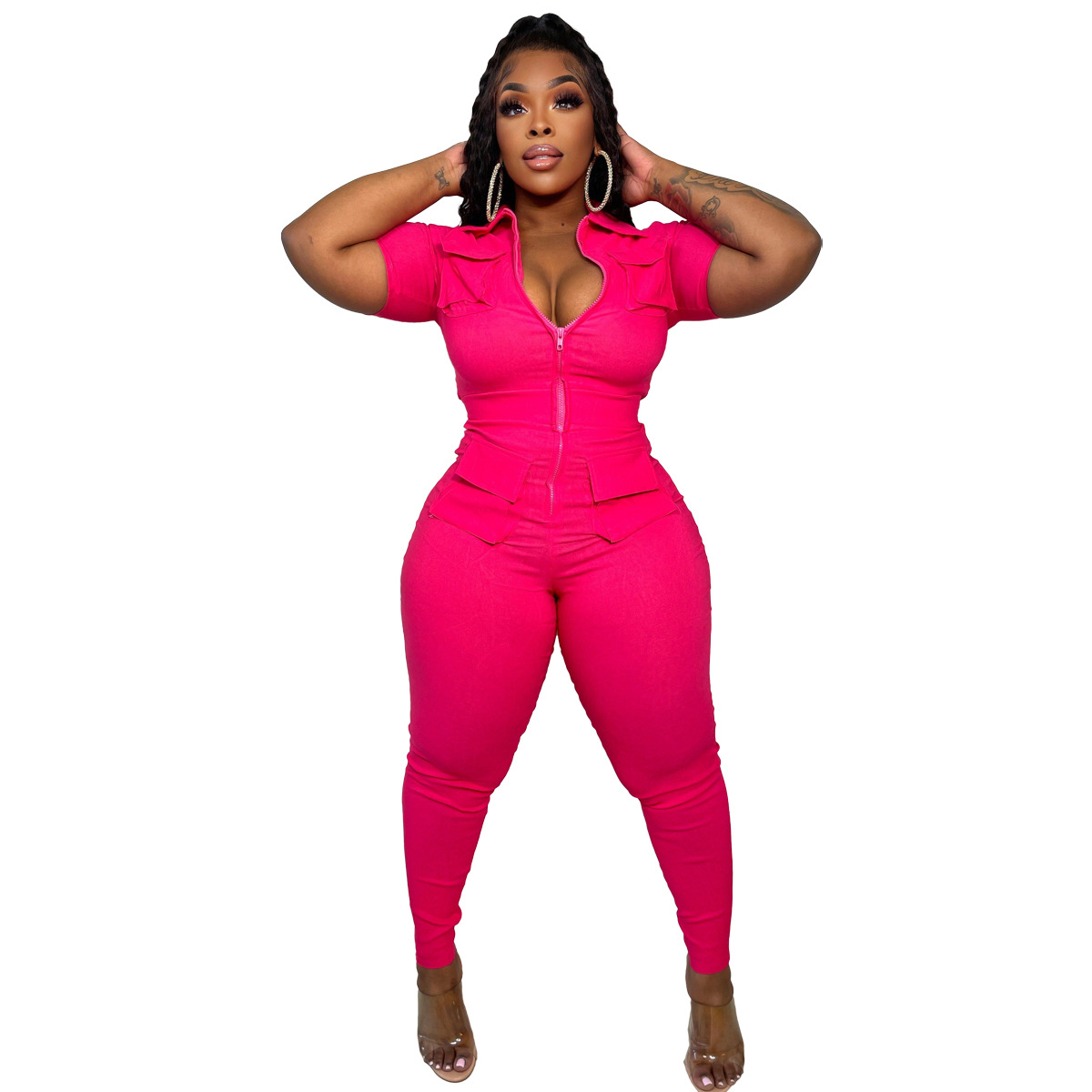 Women's Clothing new women's clothing sexy zipper three dimensional pocket jumpsuit_voghion.com