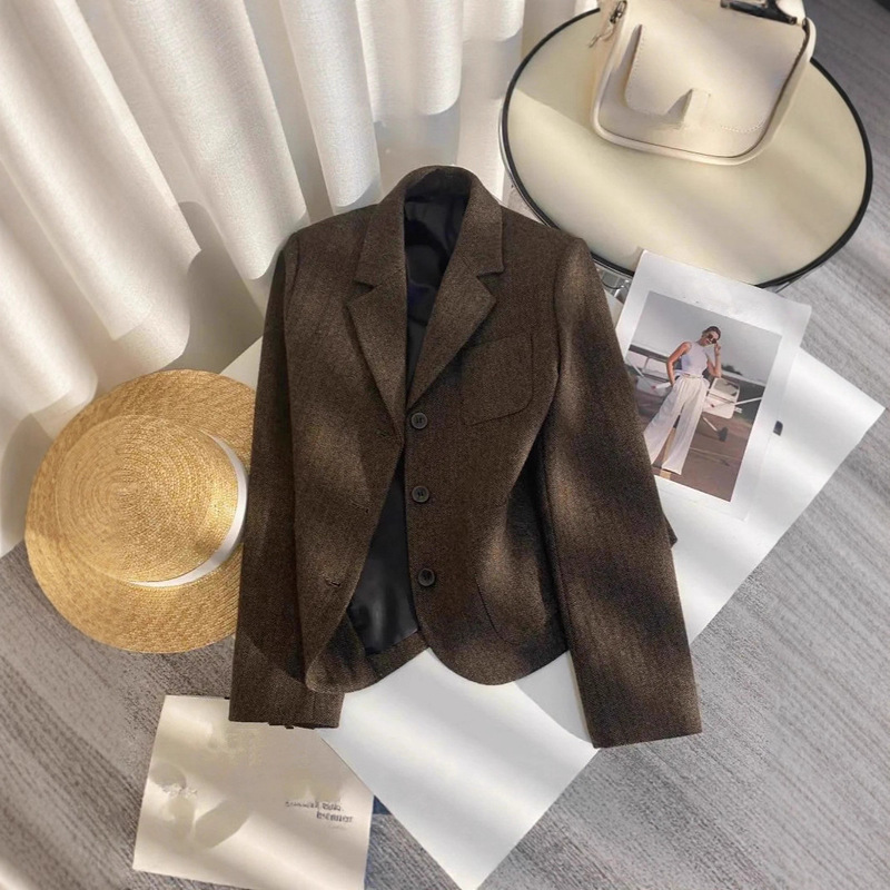 Brown Herringbone Woolen Suit Jacket for Women in Autum High-End Design Niche Street Style Small Suit