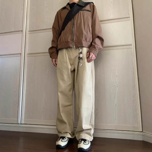 American style vintage retro khaki casual straight-leg jeans loose Japanese work wide-leg pants for men and women