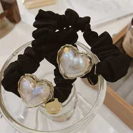 韩国新品人鱼姬珍珠爱心发圈黑色头绳女高级感发饰皮筋头饰饰品的