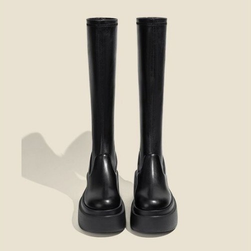 British Style 2025 New Soft Leather Thick-Soled Boots Elastic Slim Boots Heightening Long Boots High Knight Boots for Women