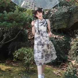 新中式旗袍文艺小清新少女夏季学院风山水画小飞袖轻国风连衣裙仙