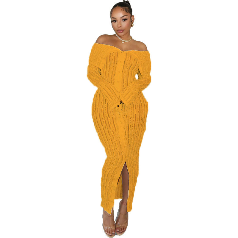 Elegant One Shoulder Women's Dress With Wave Pattern Long Sleeves_voghion.com