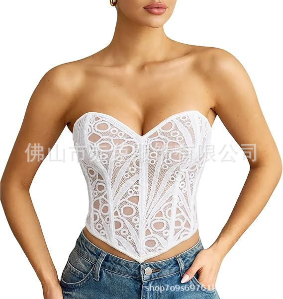 1 blusa de corsé en forma de corazón bordada con malla de malla de mujer y flores con hueso de pescado atado en la parte trasera image 7