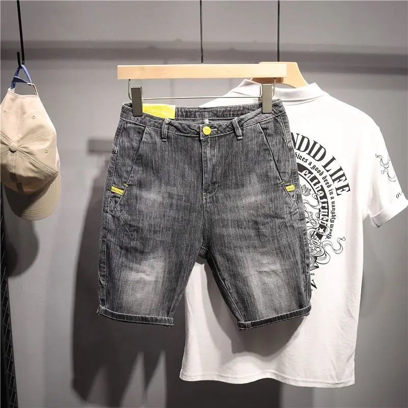 Short d'été fin pour hommes, marque de mode 2024, nouvelle poche diagonale, version coréenne, slim fit, pantalon élastique cinq quarts, tendance_voghion.com