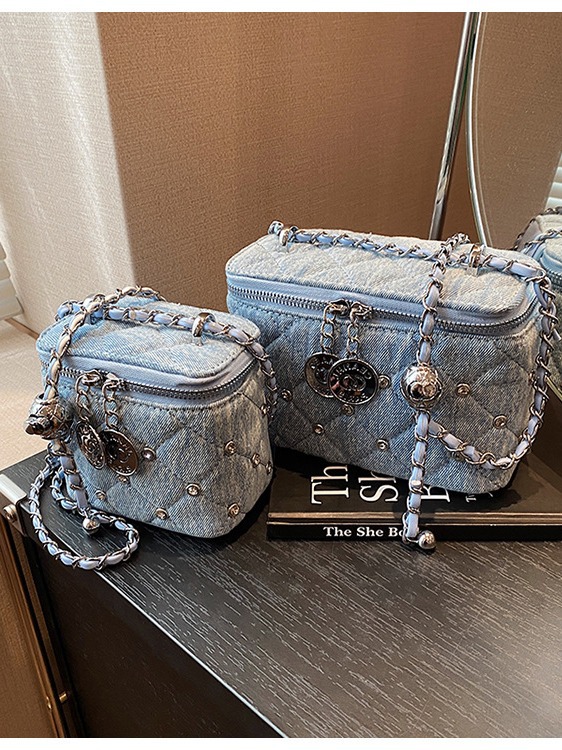 Xiaoxiang Style Diamond Box bolso pequeño cuadrado de mujer nueva textura de alta calidad de cadena de denim bolso de hombro