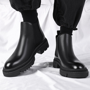 Martin Boots Men's Winter New fleece-lined Warm Leather Boots Men's Thick-soled Genuine Leather Jacket Chelsea Leather Boots Cotton Shoes
