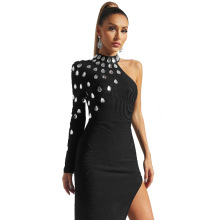 欧美爆款女装时尚优雅高弹水滴钻长袖绷带裙明星派对晚礼服连衣裙