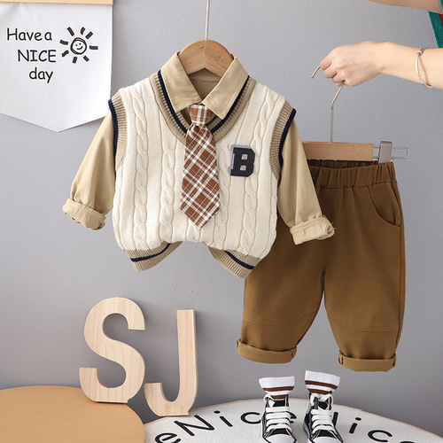  Autumn New Forest Style Boys' College Wind Suit for Young Children, British Style Autumn Clothing for Baby Boys, Long Sleeve Three-Piece Set