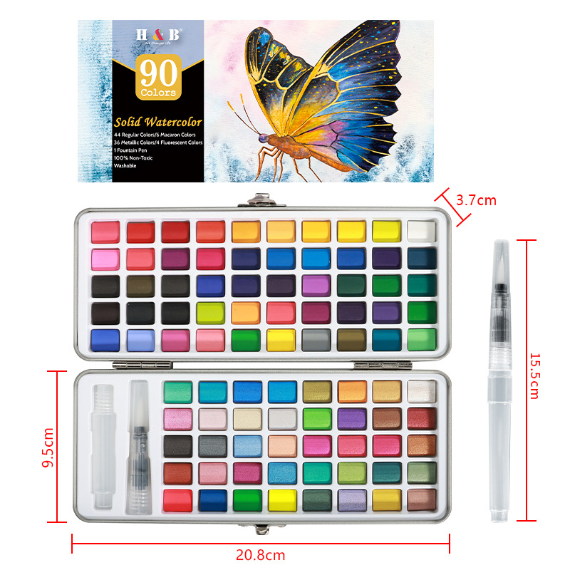 Transfronterizo 50 colores 72 colores 90 colores 100 colores sólido acuarela pintura traje de metal nacarado caja de hierro arte pintura