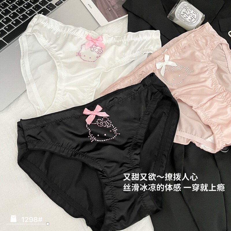 Original New Girl KT Cat Flash Diamond Skin-friendly Satin Cute Underwear Women's Bow Thin Bag Hip Briefs