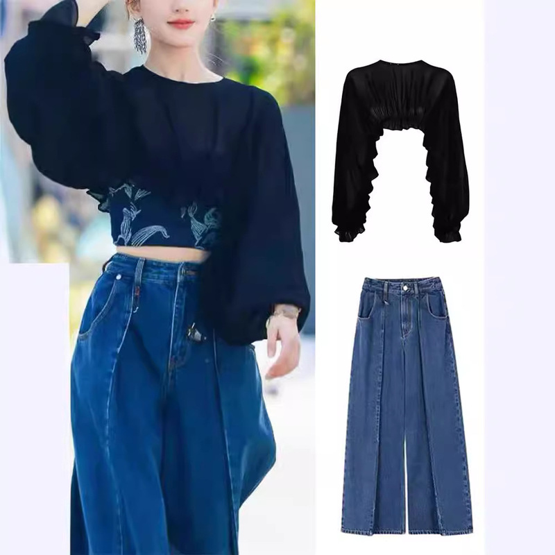 in stock Zhao Rusi Xu Yan Same Style Black Chiffon Long-sleeved Short Shirt Top Denim Wide Leg Pants suit