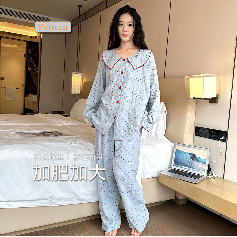 甜美风棉双纱大码睡衣纯棉胖MM波点套装双层纱可外穿女家居服