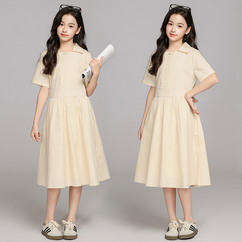 Girls' dress 2025 Summer New Children's Fashionable Simple Fresh Solid Color Shirt Collar College Skirt