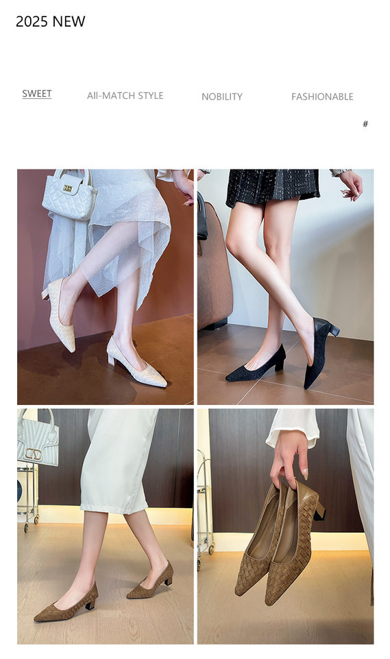 Giày cao gót nữ mũi vuông gót dày thanh lịch phong cách Pháp, có thể đi kèm kiểu dép, gót 3–6 cm — mơ, nâu, Đen (đế giữa màu mơ) chi tiết 2
