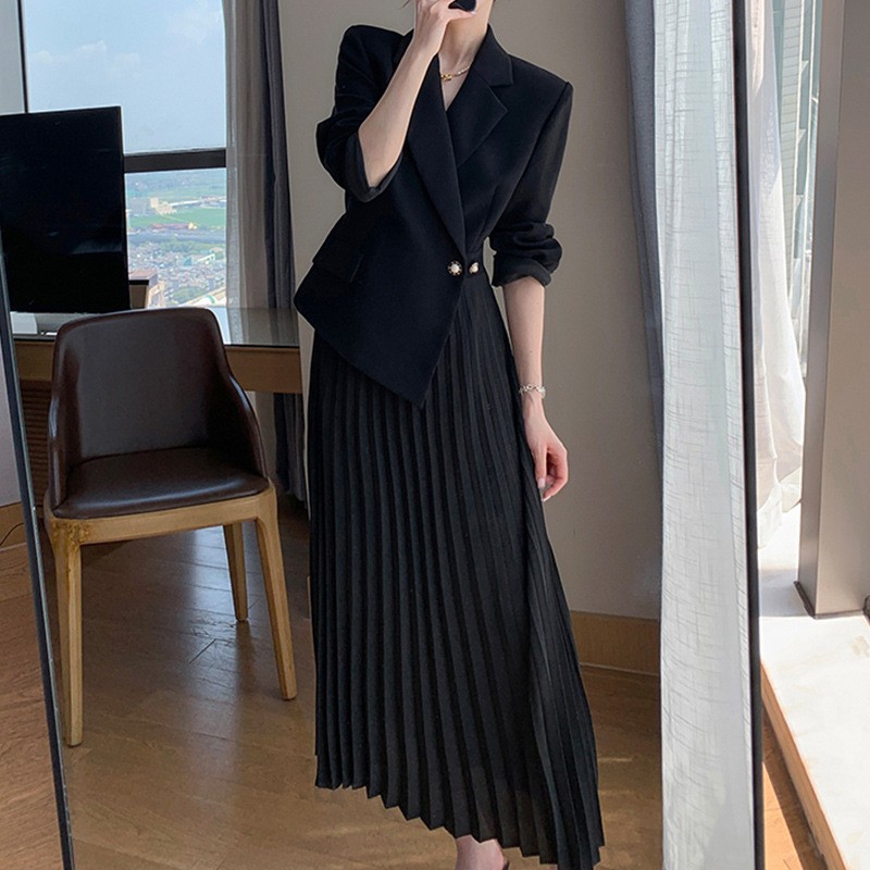 Spring and Autumn New Plus-Size Women's Suit Dress, Korean Style Waist-Cinching Slimming Pleated Over-The-Knee Skirt for Women 2250