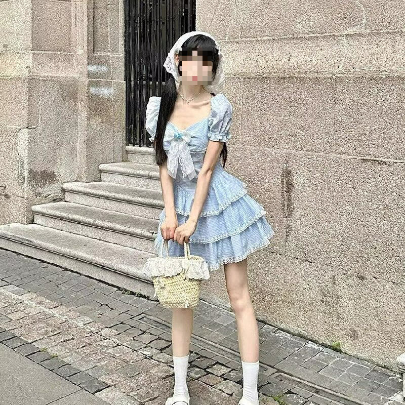 French Square Neck Puff Sleeve Blue Plaid Dress for Women 2026 Spring and Summer Disney Cake Puffy Skirt French Square Neck Puff Sleeve Blue Plaid Dress for Women 2026 Spring and Summer Disney Cake Puffy Skirt
