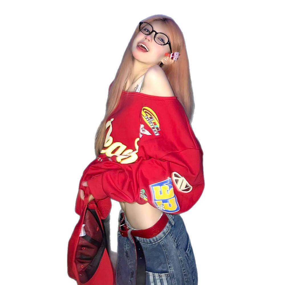 Women's Clothing Women's Red Hot Girl Off-Shoulder Sweatshirt Style Early Autumn Letter Color Block Print One-Shoulder Long Sleeve Loose Top_ecoleips.com