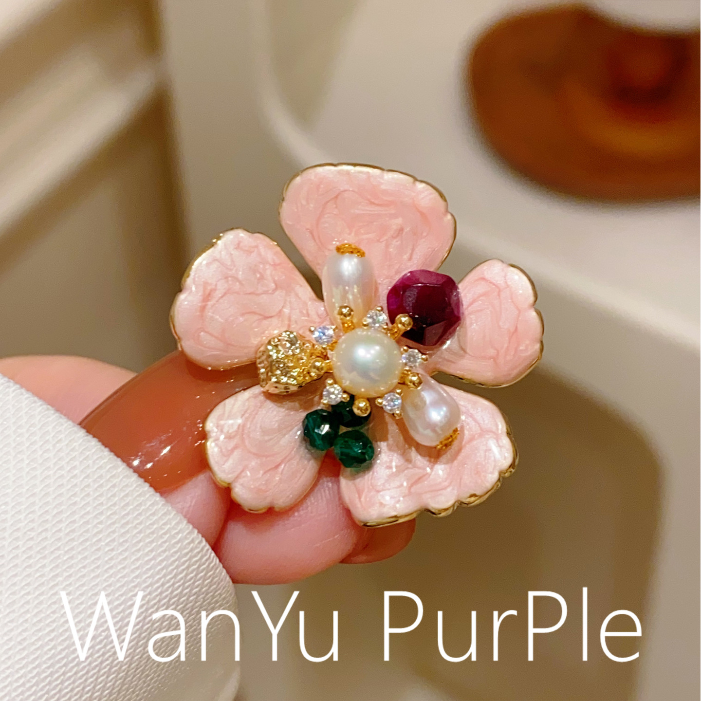 Retro New Chinoiserie Fairy-Like Pink Enamel Flower Brooch Corsage Elegant Elegant Natural Pearl Pin Buckle