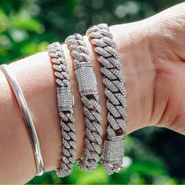 古巴手链 925银镀莫桑 10mm14mm嘻哈古巴链手链男女同款厂家直销