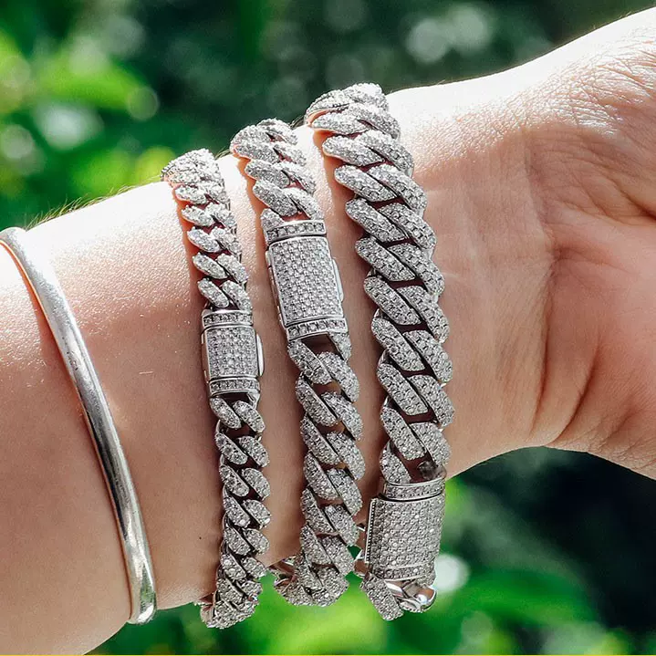 古巴手链 925银镀莫桑 10mm14mm嘻哈古巴链手链男女同款厂家直销