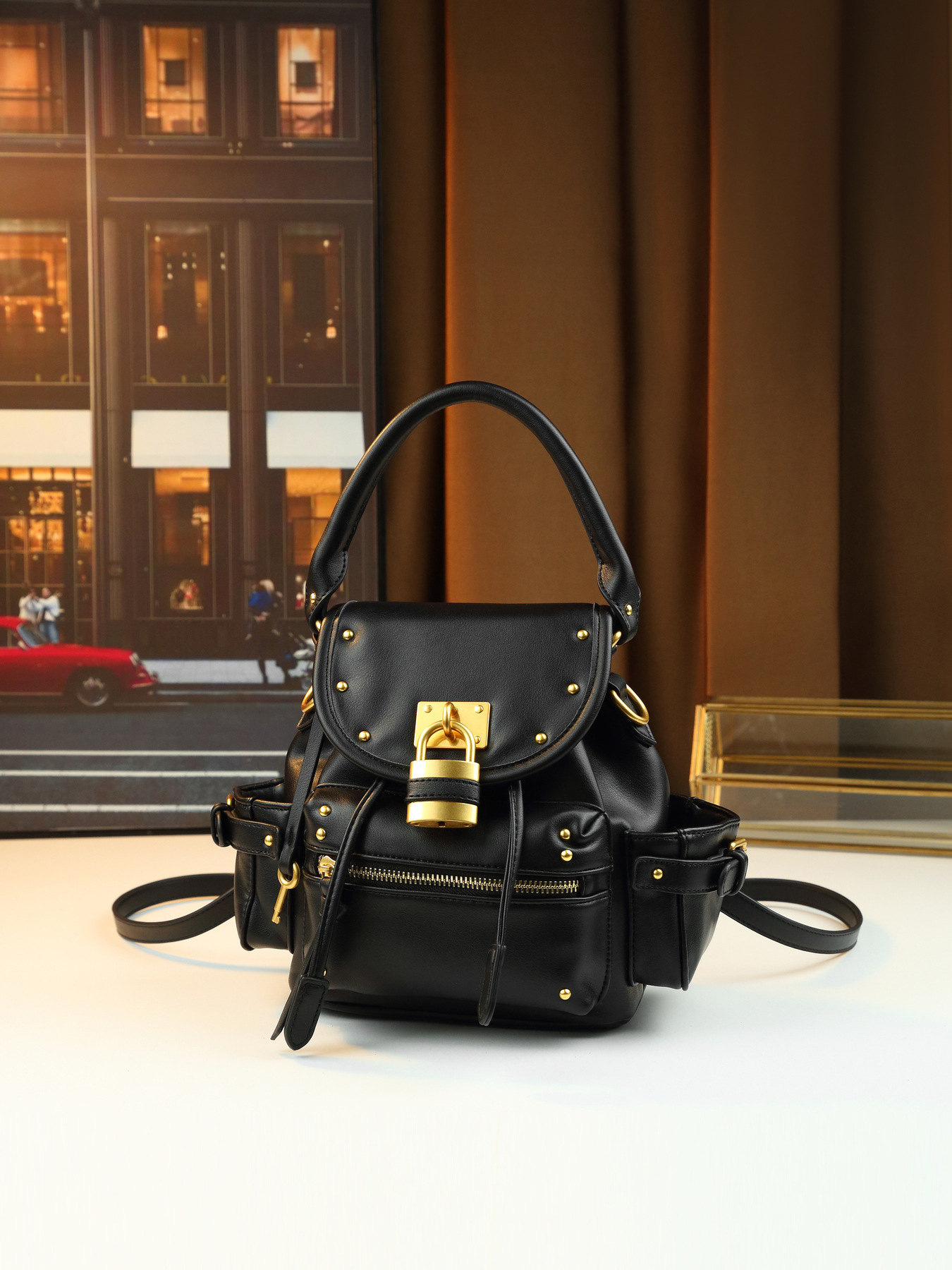 Borsa a mano retrò con lucchetto borchiato, media, multifunzionale, da donna, a tracolla, zaino da pendolare, in pelle PU con cerniera_voghion.com