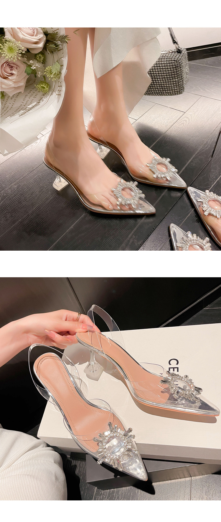 Giày cao gót nữ mũi nhọn bít mũi trong suốt đính pha lê gót nhọn 6,5 cm — Bạc 6,5cm chi tiết 24