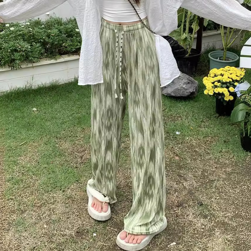 金韩扎染复古风阔腿裤女夏季薄款高腰宽松长裤印花冰丝裤子渐包邮