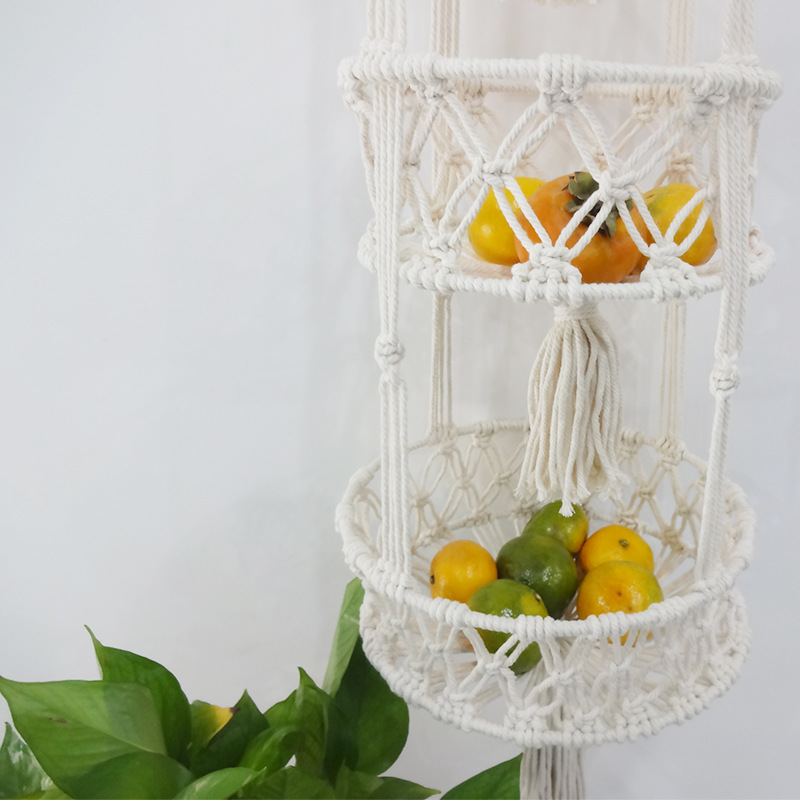 三层水果兜杂物挂兜家居装饰悬挂收纳篮三层蔬果篮棉绳编织收纳筐