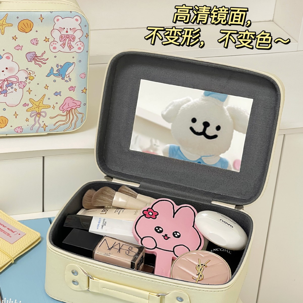 Estuche de cosméticos con espejo, portátil, portátil, de gran capacidad, caja de almacenamiento de cosméticos profesionales, bolsa de lavado de viaje de negocios para el hogar