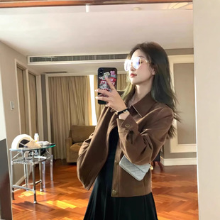 brown Deerskin Fleece Coat Women's Short Korean-style Loose Casual Retro Short Jacket Top