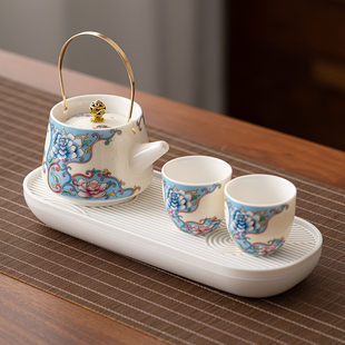 Enamel Filigree Silver Household Kung Fu Tea Set with One Pot and Two Cups Small Ceramic Teapot Tea Set with Tea Tray