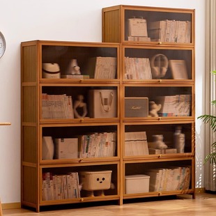 Bamboo Bookcase Storage Rack with Cabinet Door Storage Cabinet Integrated Grid Cabinet Display Cabinet Floor-Standing Multi-Layer Living Room Storage Cabinet