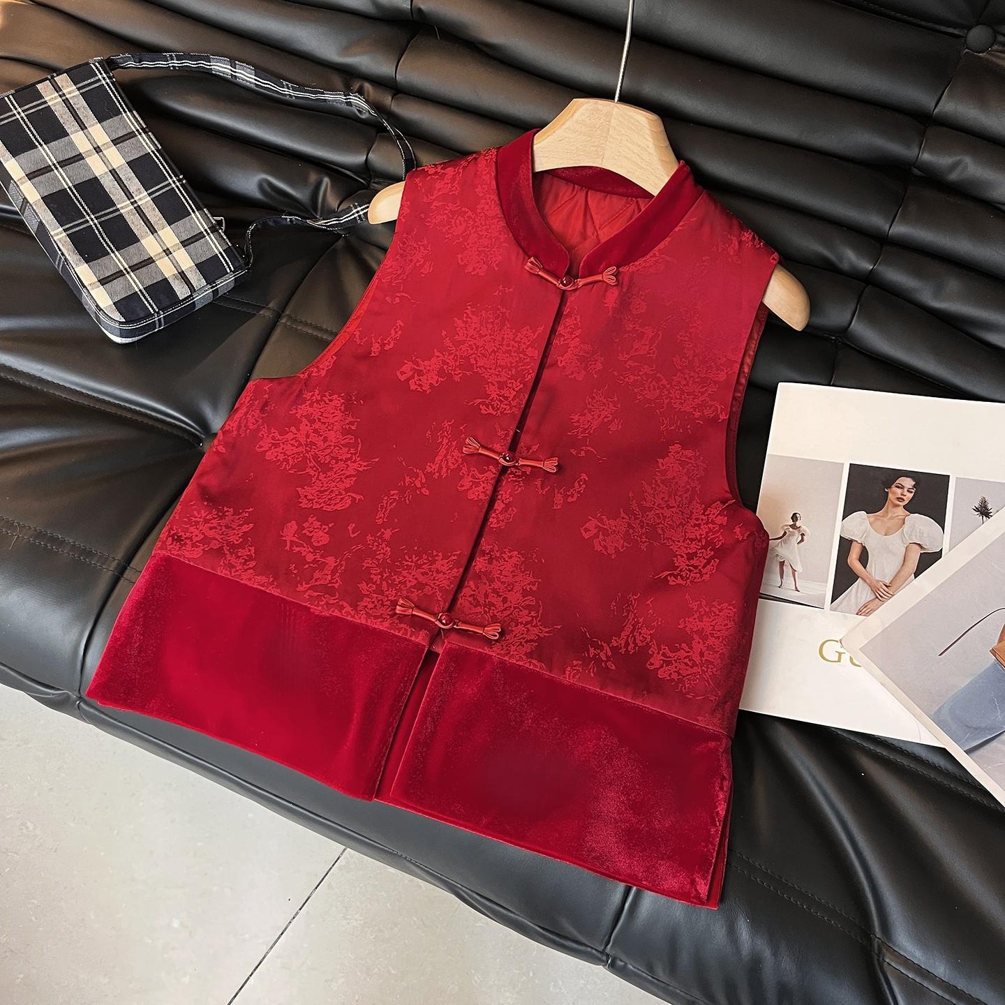 Sophisticated everyday Chinese style vest for women, new winter style, outerwear, spliced velvet red, elegant quilted vest.