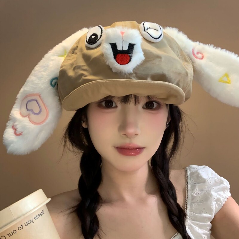 卡通可爱小兔子耳朵贝雷帽女春夏显脸小云朵画家帽大头围八角帽子|undefined