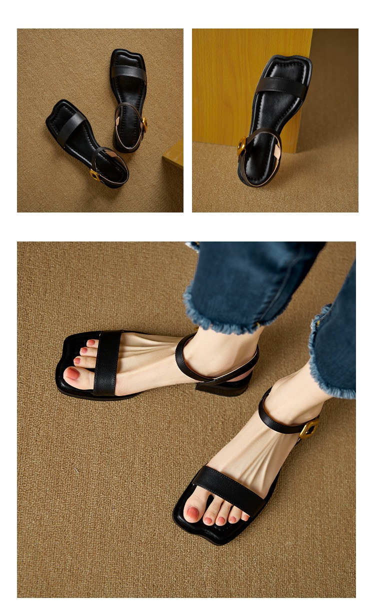 Sandal quai ngang hở mũi vuông đế bệt khóa đơn giản cỡ lớn 34–43 — Màu nâu chi tiết 12
