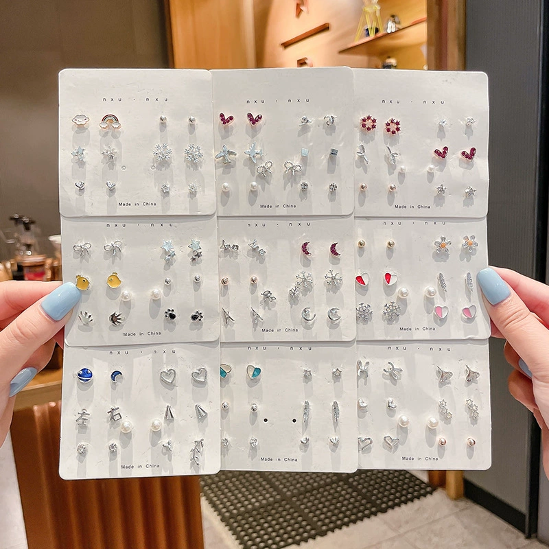 Earrings set, small elegant studs 2–12 pcs, pearl and charming motif designs
