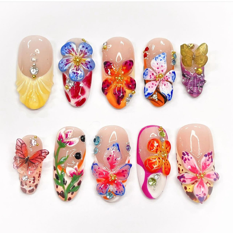 Tropical Flower 3D Wearing Nail Pieces Stereo Diamond Butterfly French Nail Pieces Cross-border Hot Sale Color False Nail Art