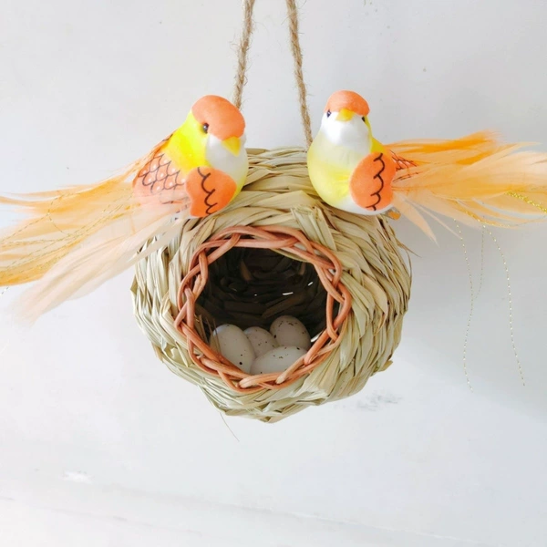 Straw woven round mouth bird nest plus two orange phoenix-tailed birds
