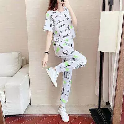 两件套运动套装女夏季2025韩版新款时尚显瘦洋气印花短袖休闲裤潮