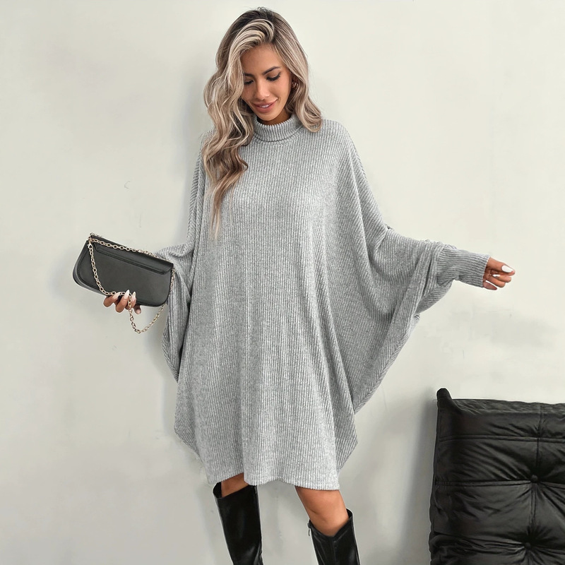 In-stock European and American cross-border women's long raglan sleeve round-neck dress, elegant loose-fitting batwing cape coat